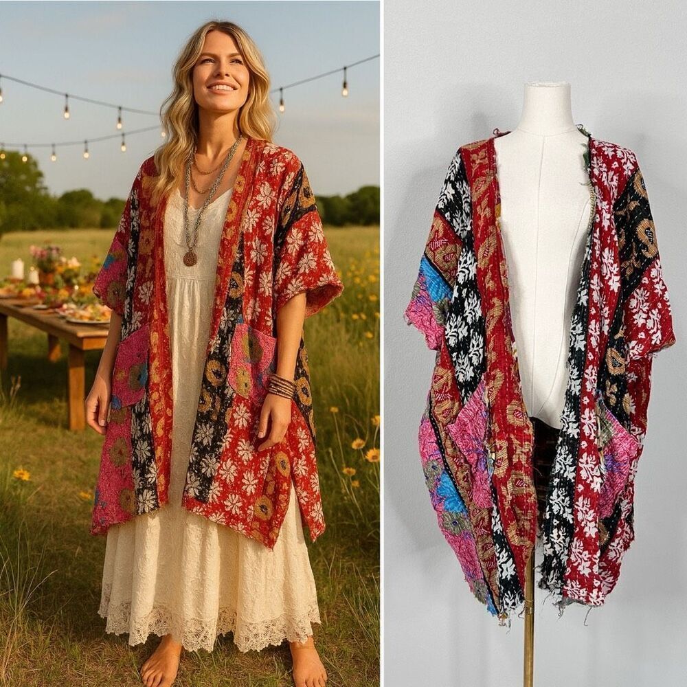 Jaded Gypsy Kantha Kimono OS Frayed Edges Boho Festival Cottage Artsy Rustic